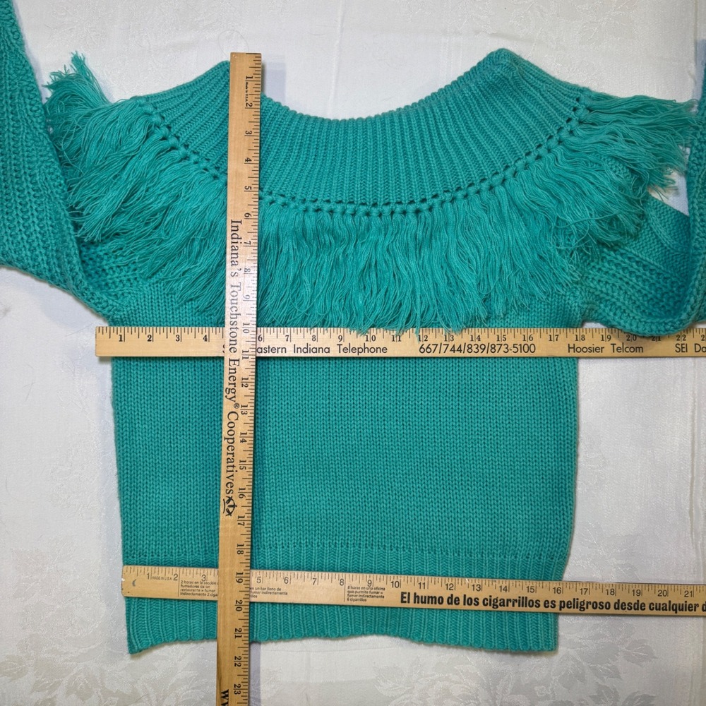 Rock‎ & Roll Cowgirl Turquoise Fringe Off Shoulder Knit Sweater Size S - Picture 6 of 9